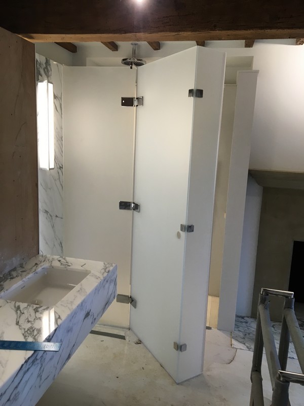 Bespoke frosted glass shower enclosure in Highbury luxury bathroom